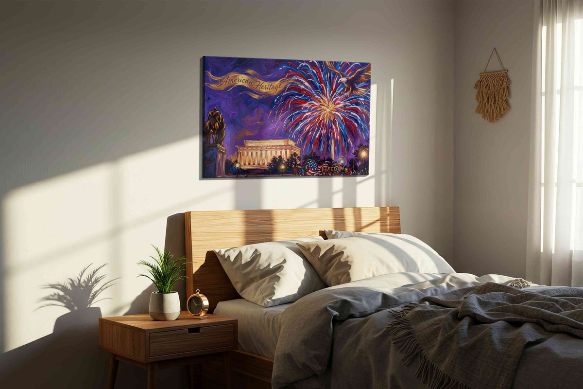 Freedom's Glorious Night patriotic canvas print, displayed in a bedroom