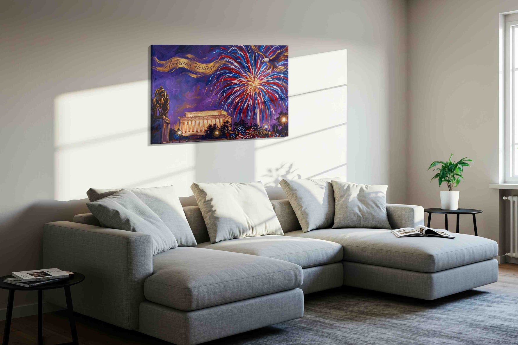 Freedom's Glorious Night patriotic canvas print in a living room scene