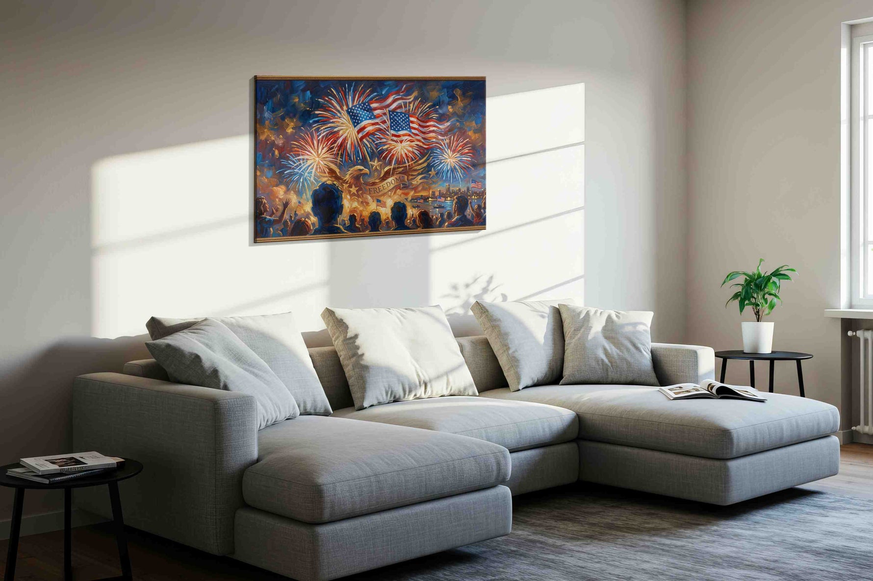 Freedom's Glorious Night II patriotic canvas print, displayed in a living room