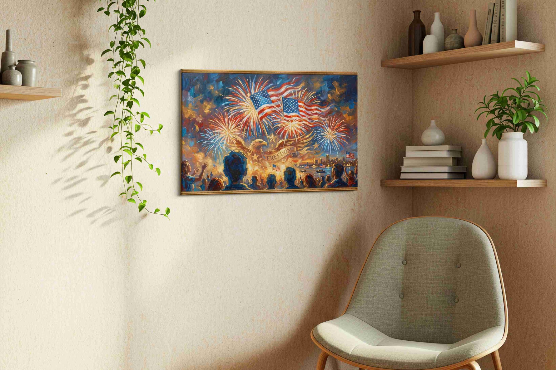 Freedom's Glorious Night II patriotic canvas print, hanging on wall