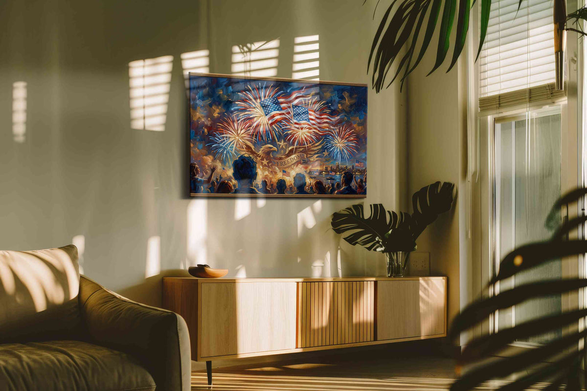 Freedom's Glorious Night II patriotic canvas print in a hung canvas mockup