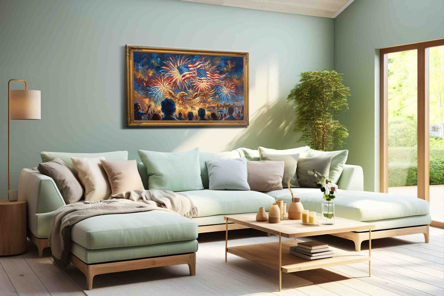 Freedom's Glorious Night II patriotic canvas print shown in a wall scene