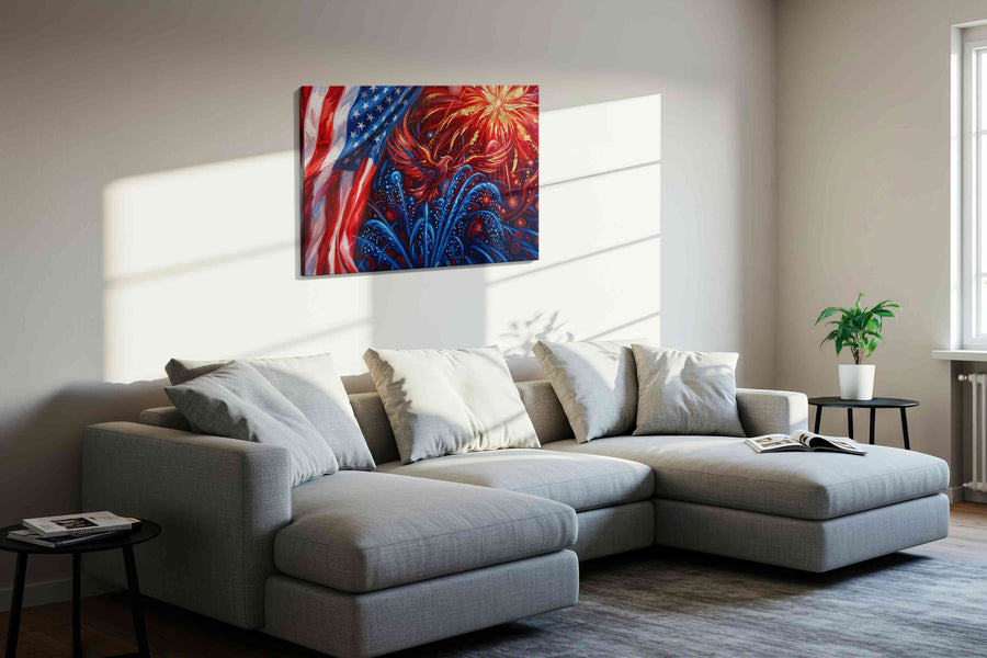 Freedom's Kaleidoscope patriotic canvas print in a living room scene