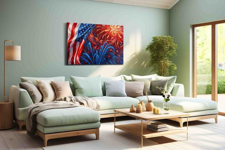 Freedom's Kaleidoscope patriotic canvas print, hanging on wall
