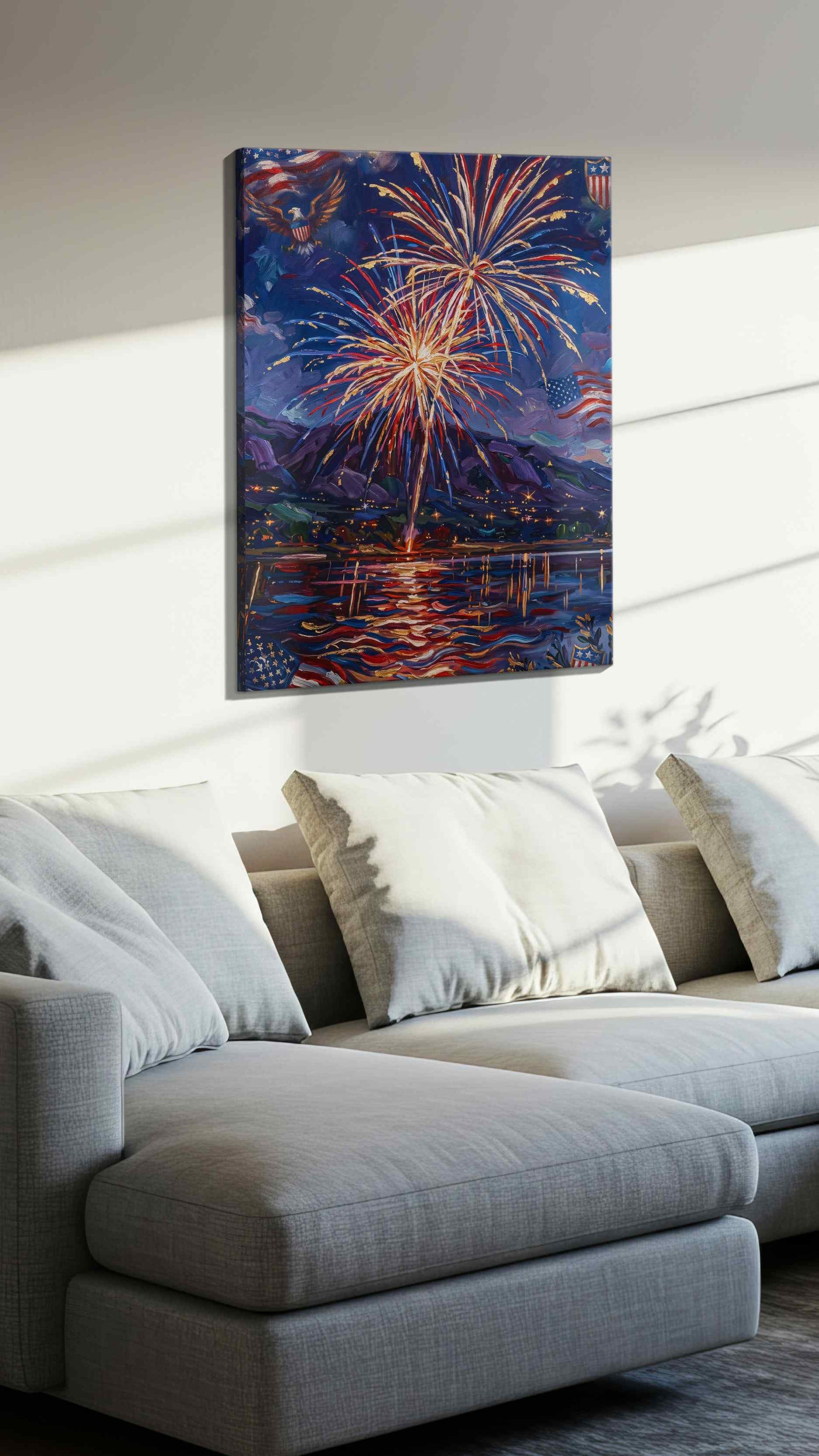 Illuminated Celebration Sky patriotic canvas print, displayed in a living room