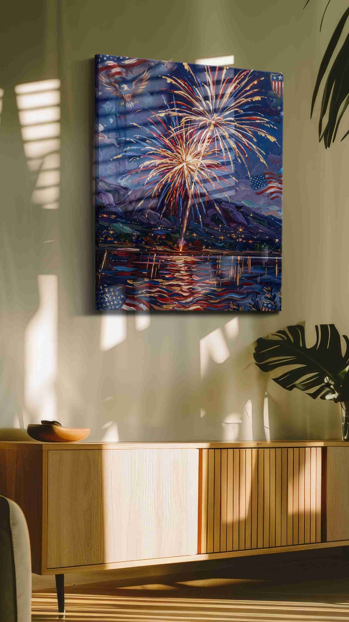 Illuminated Celebration Sky patriotic canvas print in a hung canvas mockup