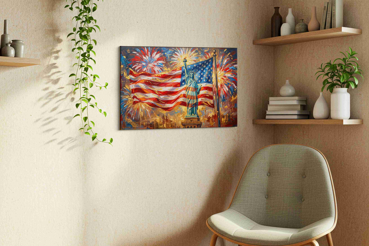 Liberty in Splendor patriotic canvas print, displayed in a living room