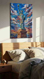 Liberty in the Sky patriotic canvas print, displayed in a bedroom