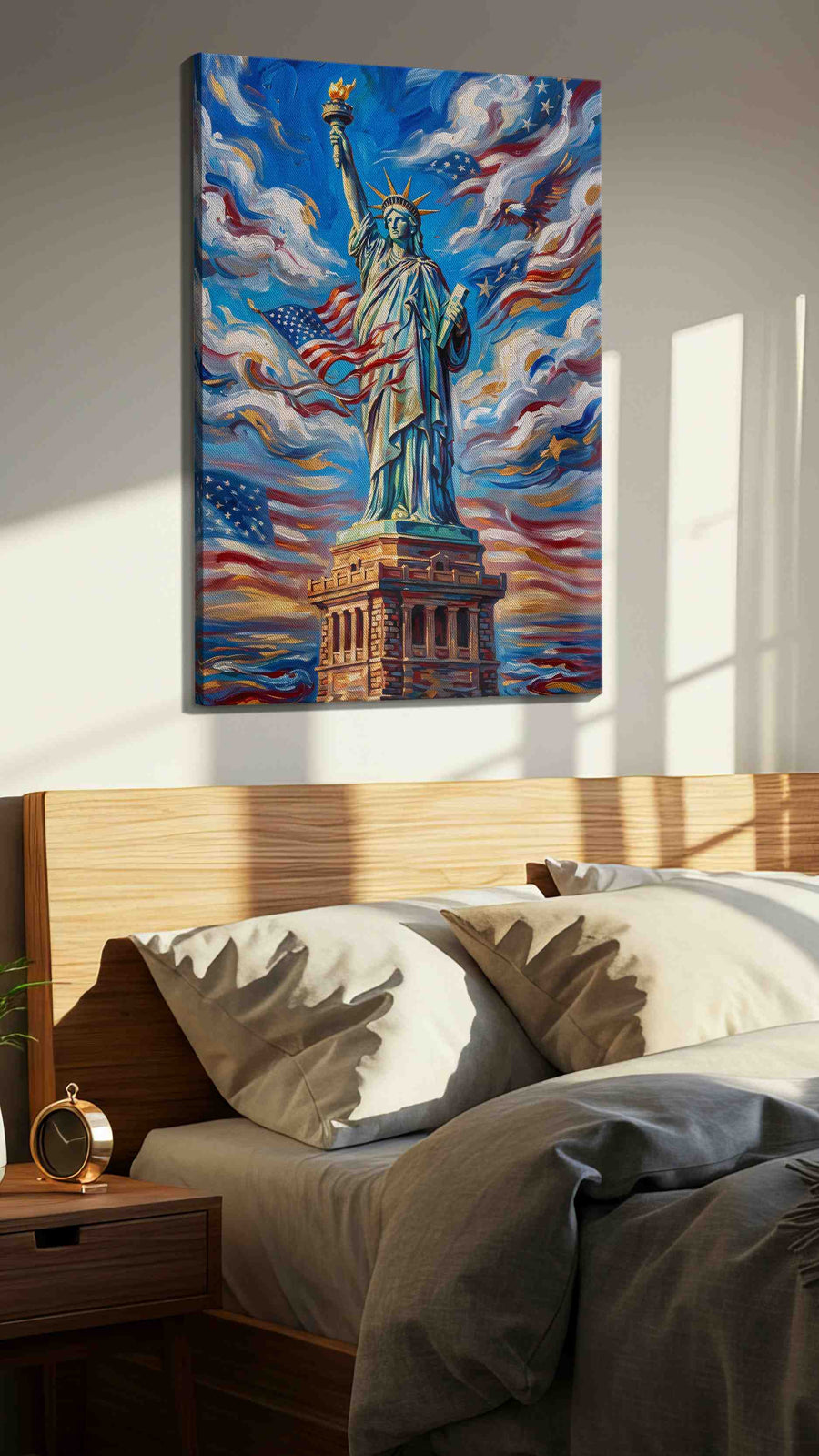 Liberty in the Sky patriotic canvas print, displayed in a bedroom