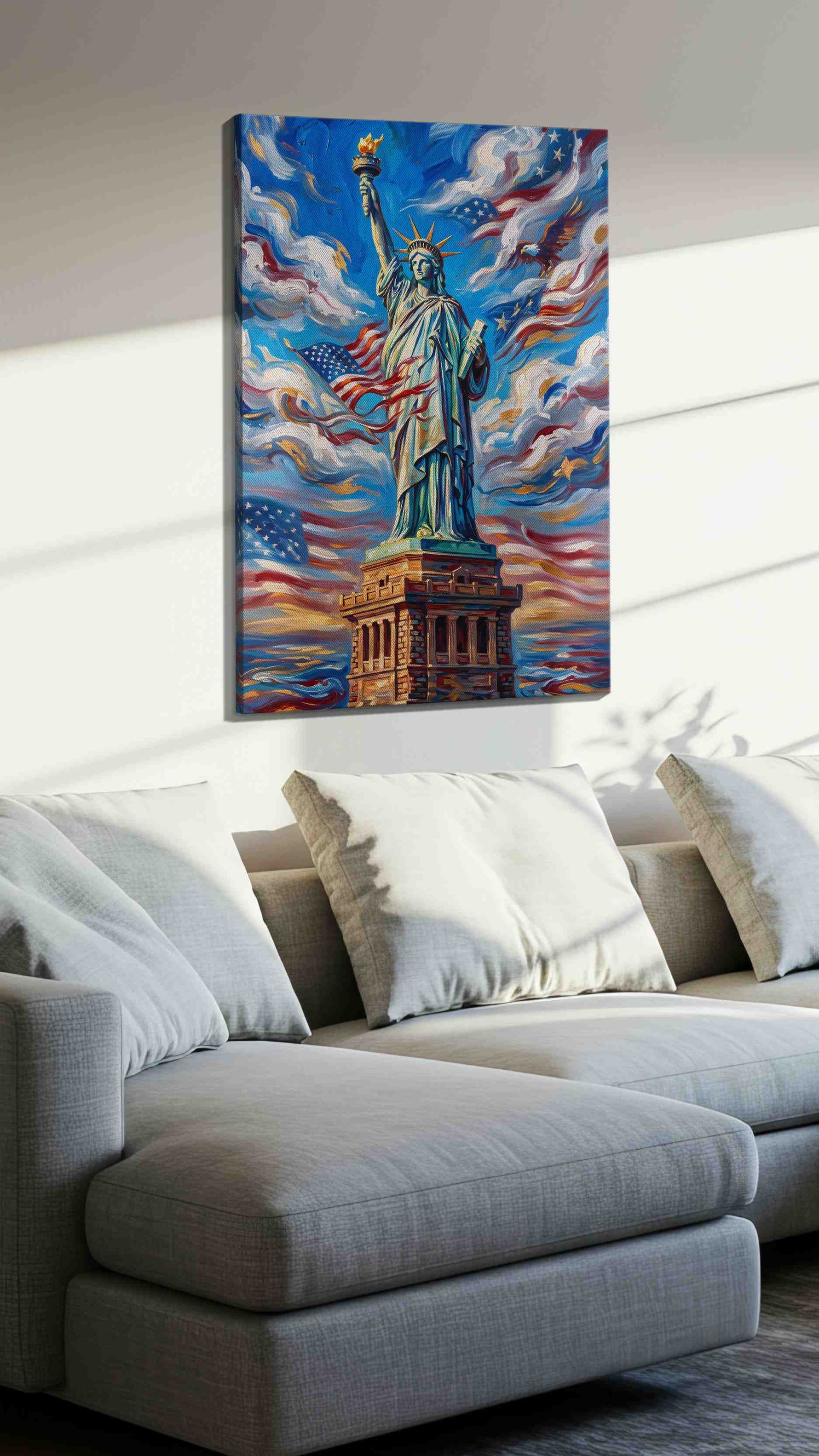 Liberty in the Sky patriotic canvas print, displayed in a living room