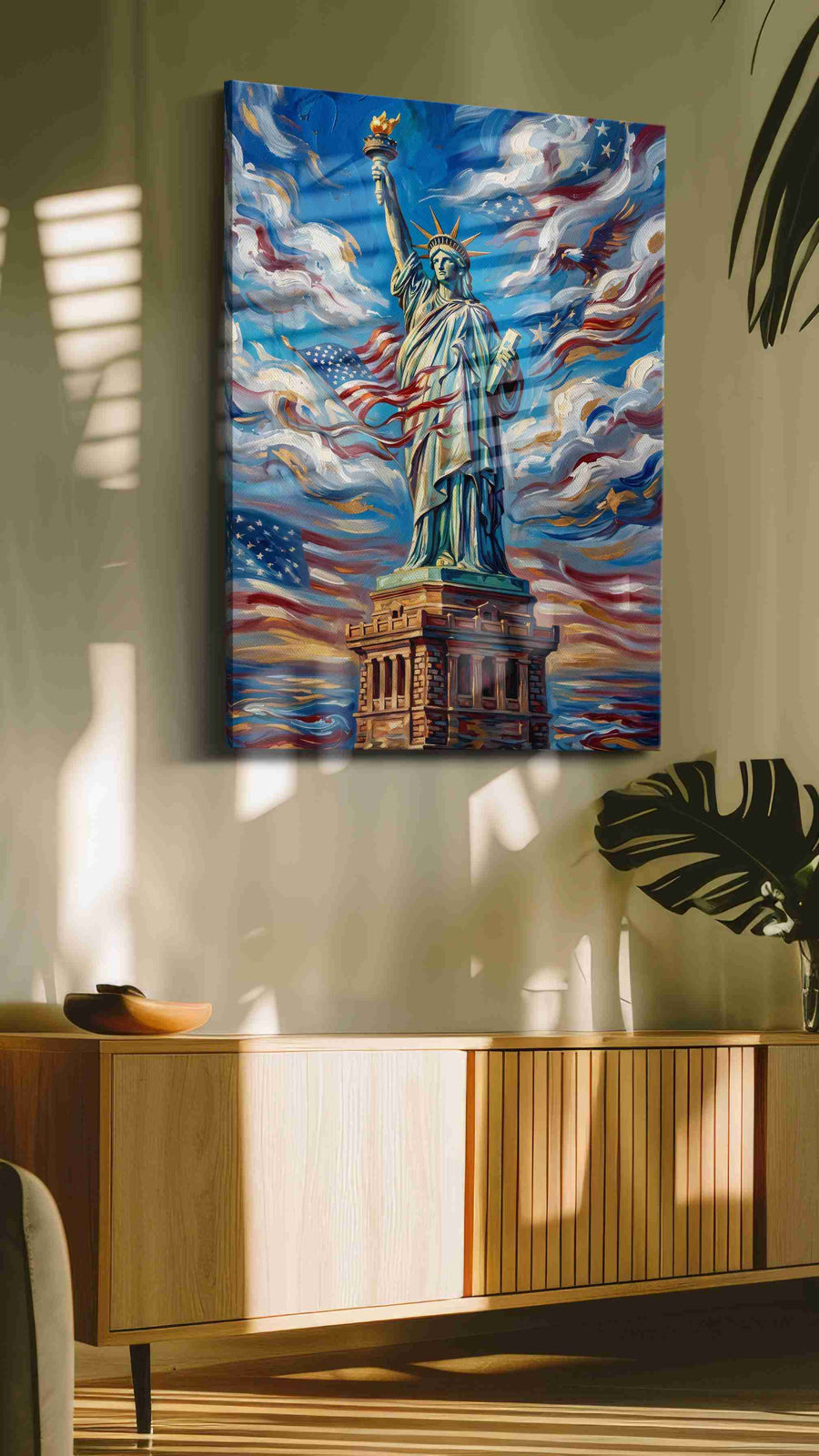 Liberty in the Sky patriotic canvas print, on wall, lifestyle preview