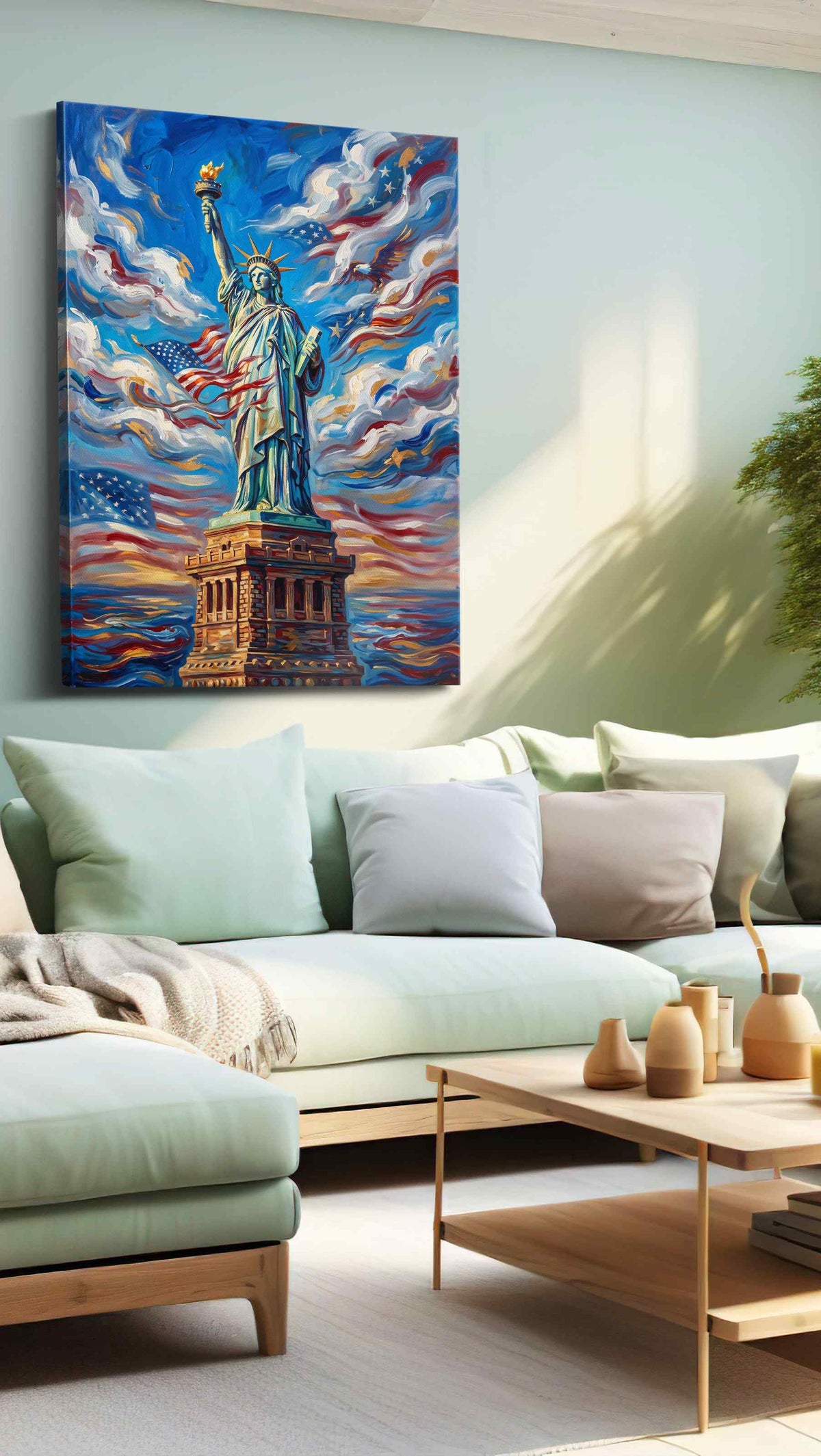 Liberty in the Sky patriotic canvas print, hanging on wall