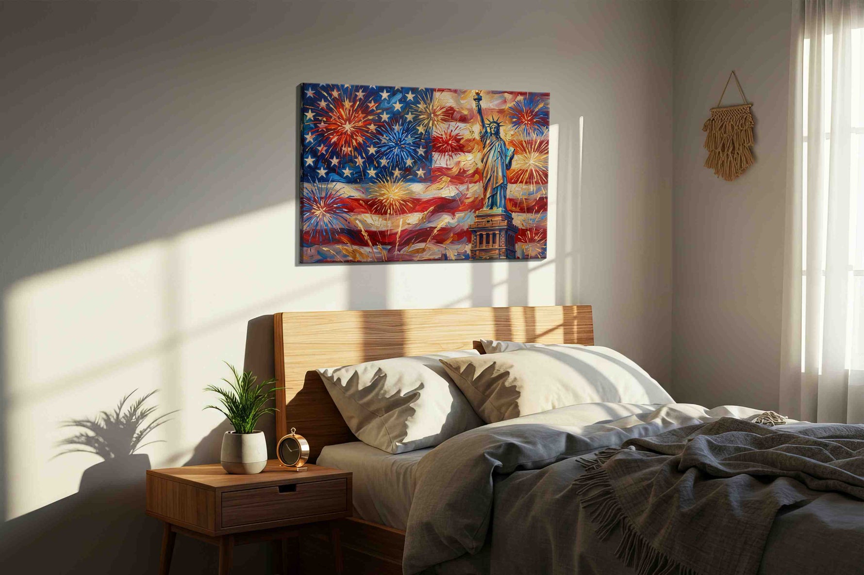 Liberty's Jubilant Night patriotic canvas print, displayed in a bedroom