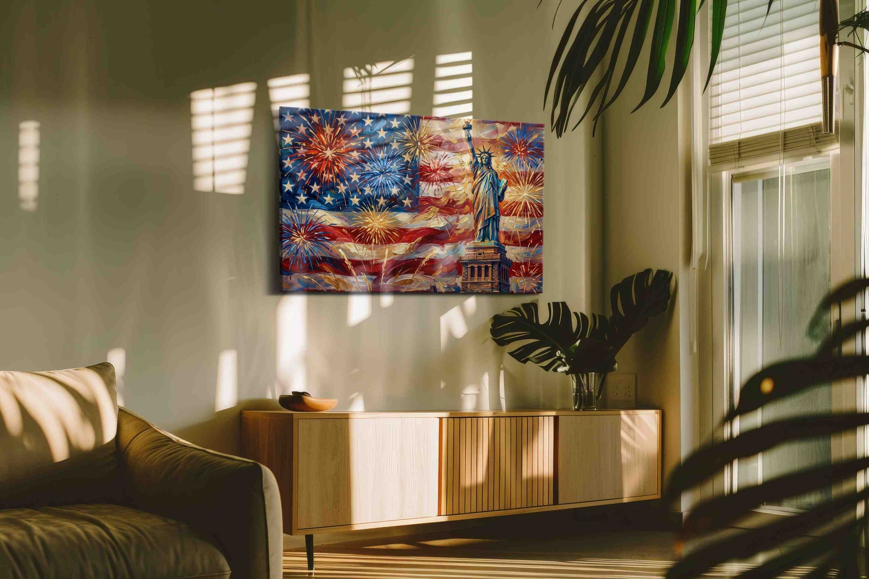 Liberty's Jubilant Night patriotic canvas print in a hung canvas mockup