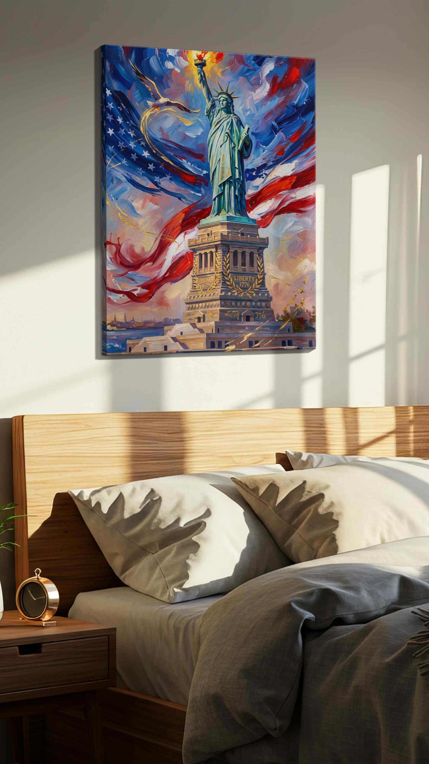 Liberty's Luminous Horizon patriotic canvas print, displayed in a bedroom