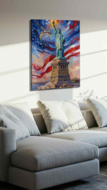 Liberty's Luminous Horizon patriotic canvas print, displayed in a living room