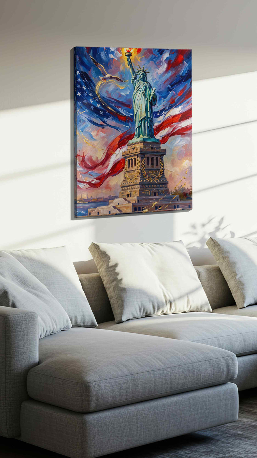Liberty's Luminous Horizon patriotic canvas print, displayed in a living room