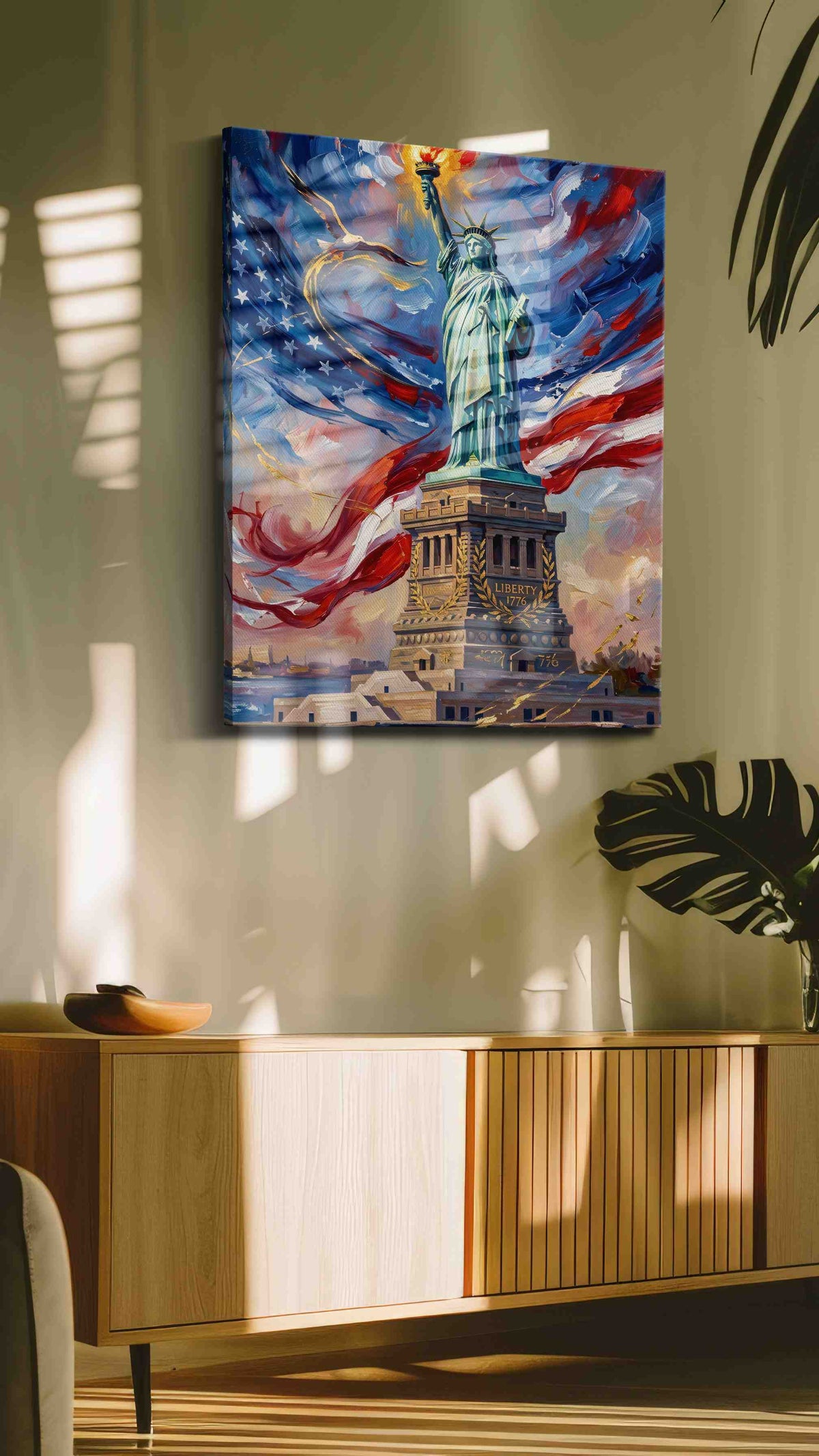Liberty's Luminous Horizon patriotic canvas print, hanging on wall