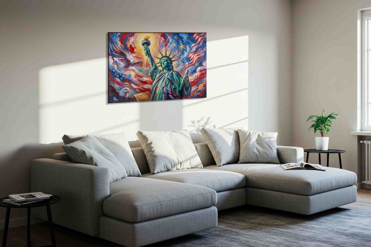 Liberty's Radiant Glory patriotic canvas print, displayed in a living room
