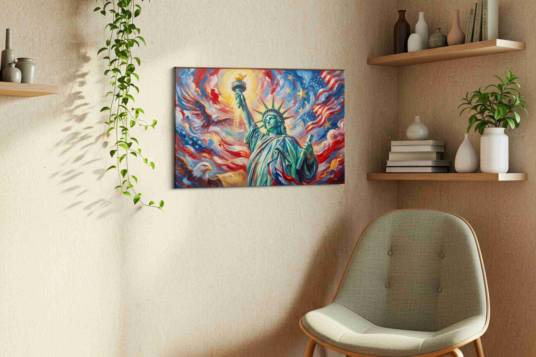Liberty's Radiant Glory patriotic canvas print styled in a living room