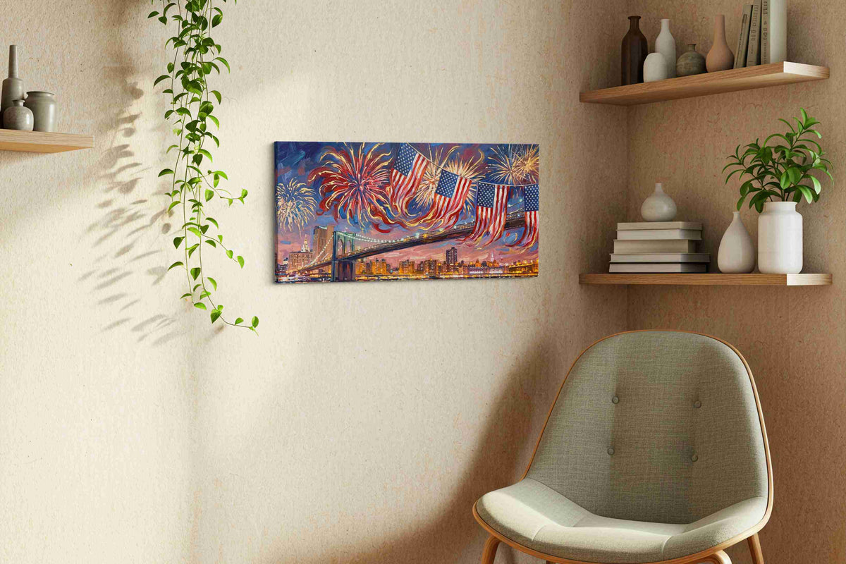 Sky Symphony over Brooklyn patriotic canvas print, displayed in a living room