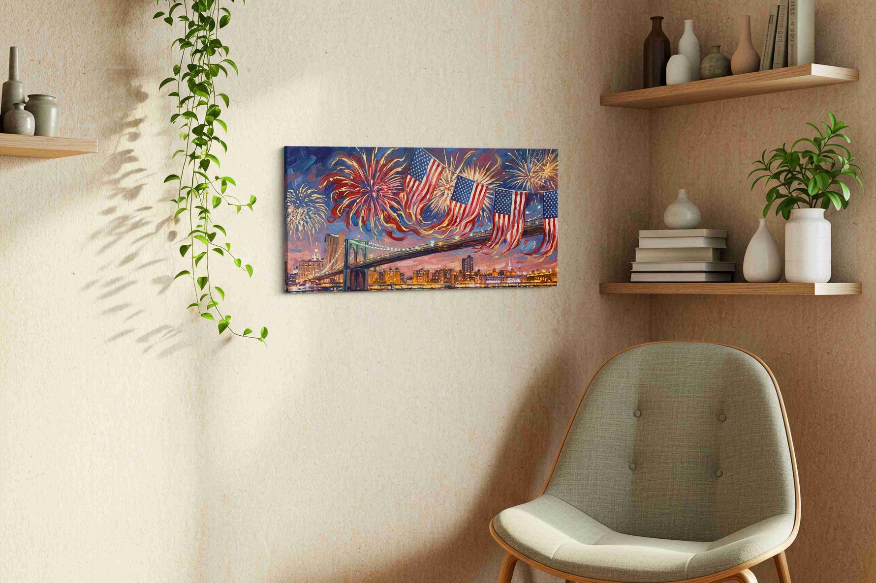 Sky Symphony over Brooklyn patriotic canvas print, displayed in a living room