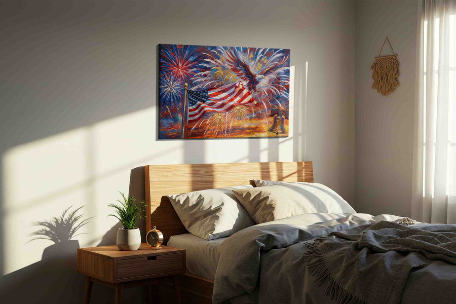 Soaring Freedom Symphony patriotic canvas print, displayed in a bedroom