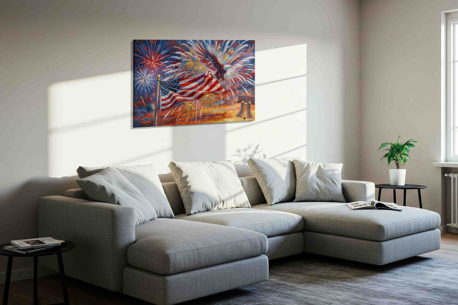 Soaring Freedom Symphony patriotic canvas print, displayed in a living room