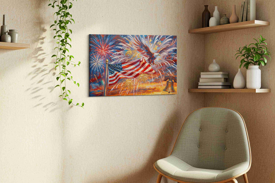 Soaring Freedom Symphony patriotic canvas print styled in a living room