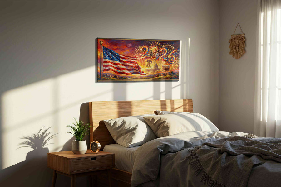 Spirit of 2026 A Patriotic Vision patriotic canvas print, displayed in a bedroom
