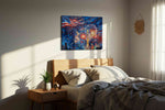 Stars Ablaze in Celebration patriotic canvas print, displayed in a bedroom