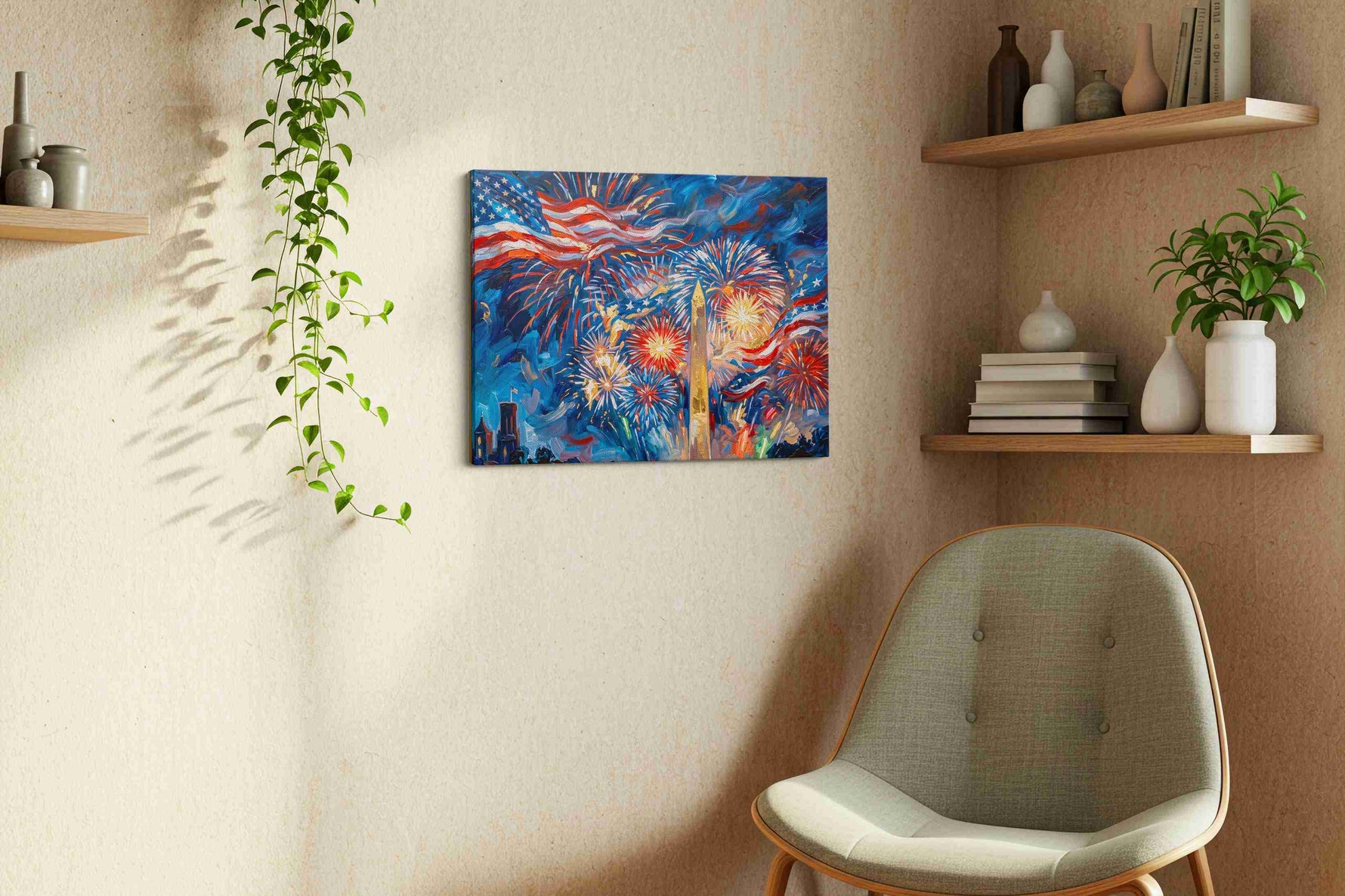 Stars Ablaze in Celebration patriotic canvas print, hanging on wall — view 2