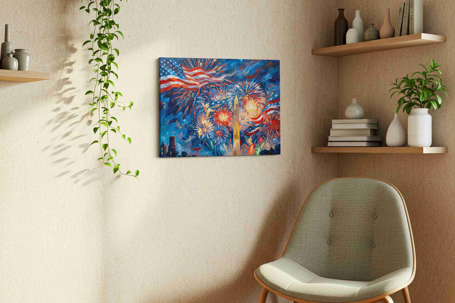 Stars Ablaze in Celebration patriotic canvas print, hanging on wall — view 2