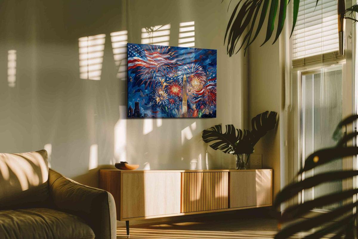Stars Ablaze in Celebration patriotic canvas print in a hung canvas mockup