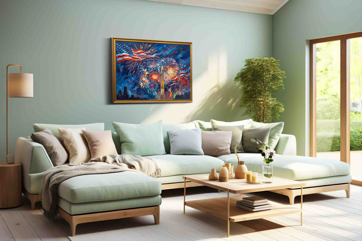 Stars Ablaze in Celebration patriotic canvas print shown in a wall scene