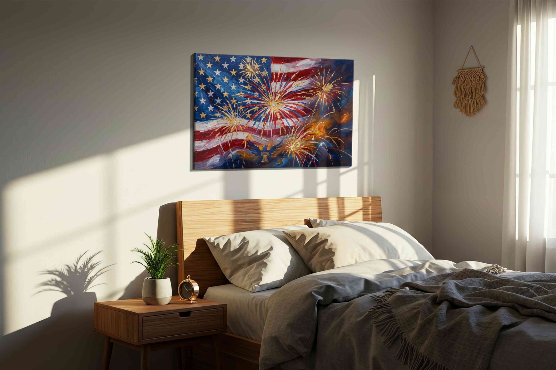 Stars and Stripes Celebration patriotic canvas print, displayed in a bedroom