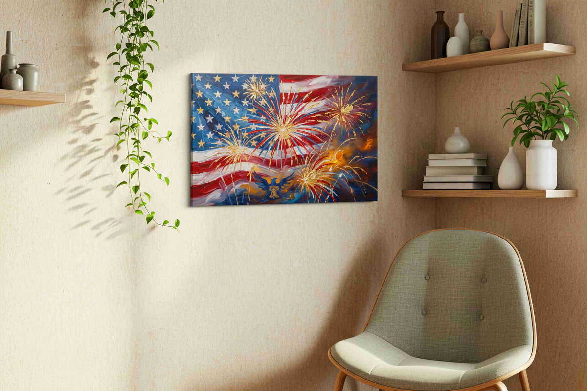 Stars and Stripes Celebration patriotic canvas print, hanging on wall — view 2