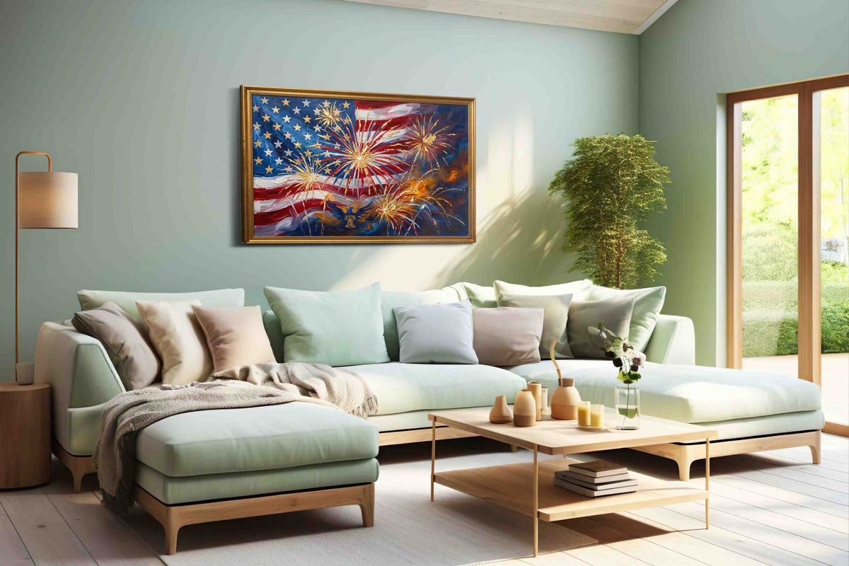 Stars and Stripes Celebration patriotic canvas print shown in a wall scene