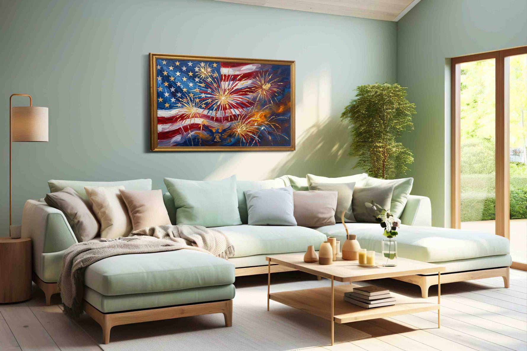 Stars and Stripes Celebration patriotic canvas print shown in a wall scene