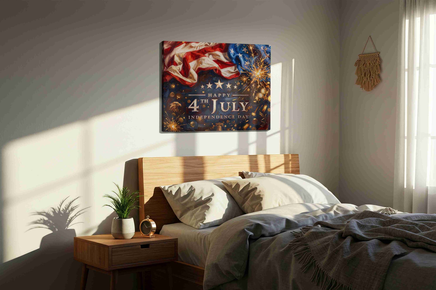 Stars and Stripes Celebration III patriotic canvas print, displayed in a bedroom
