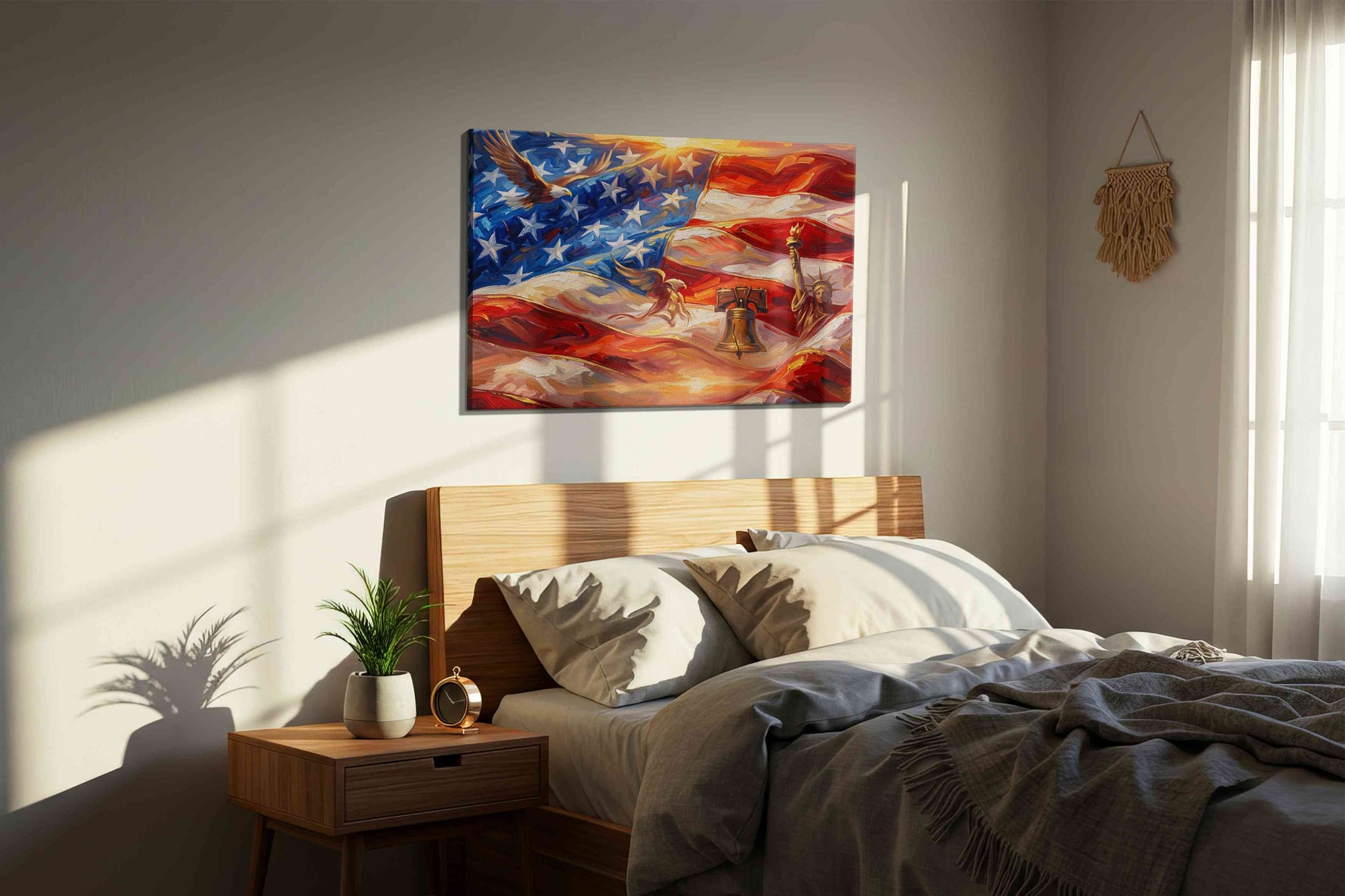 Waves of Freedom patriotic canvas print, displayed in a bedroom