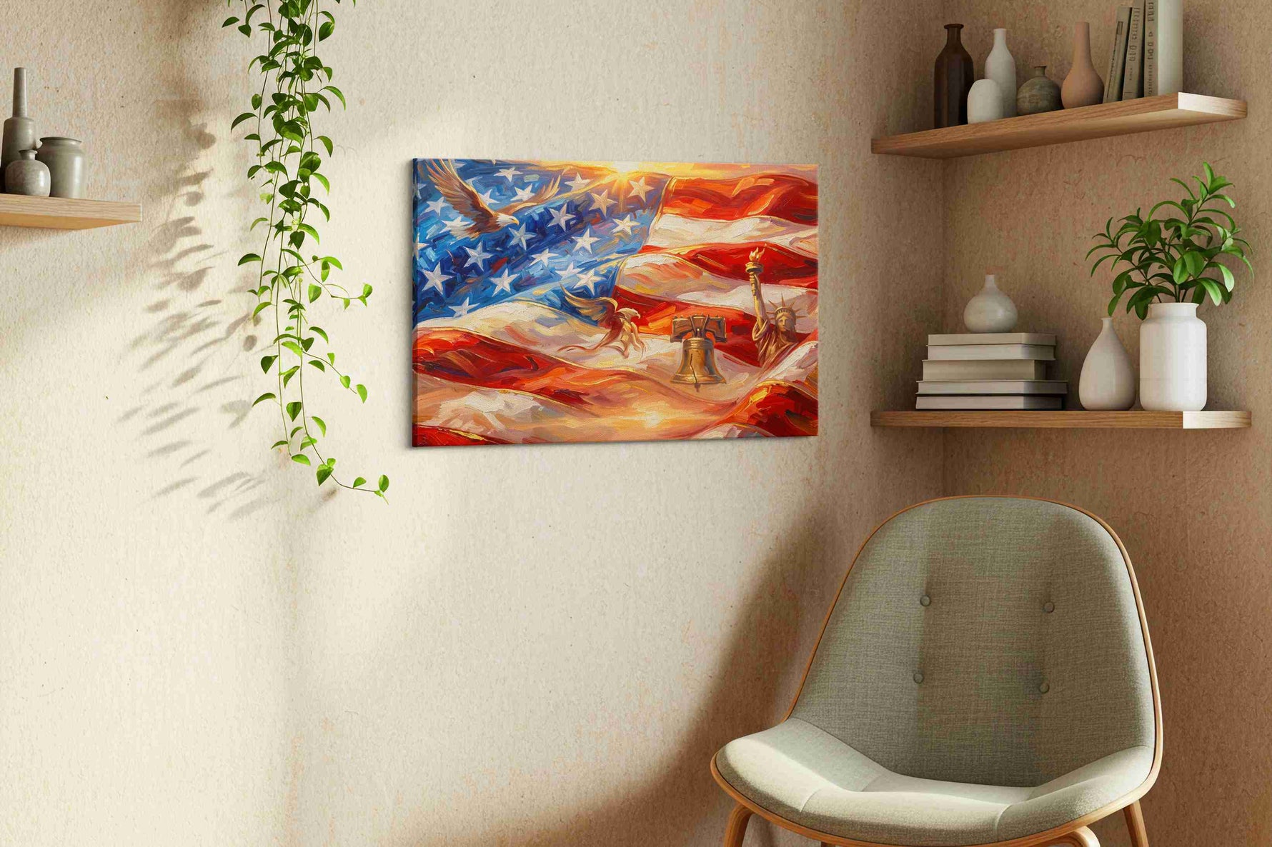 Waves of Freedom patriotic canvas print, displayed in a living room