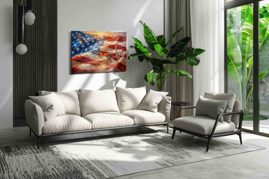 Waves of Freedom patriotic canvas print in a modern interior mockup