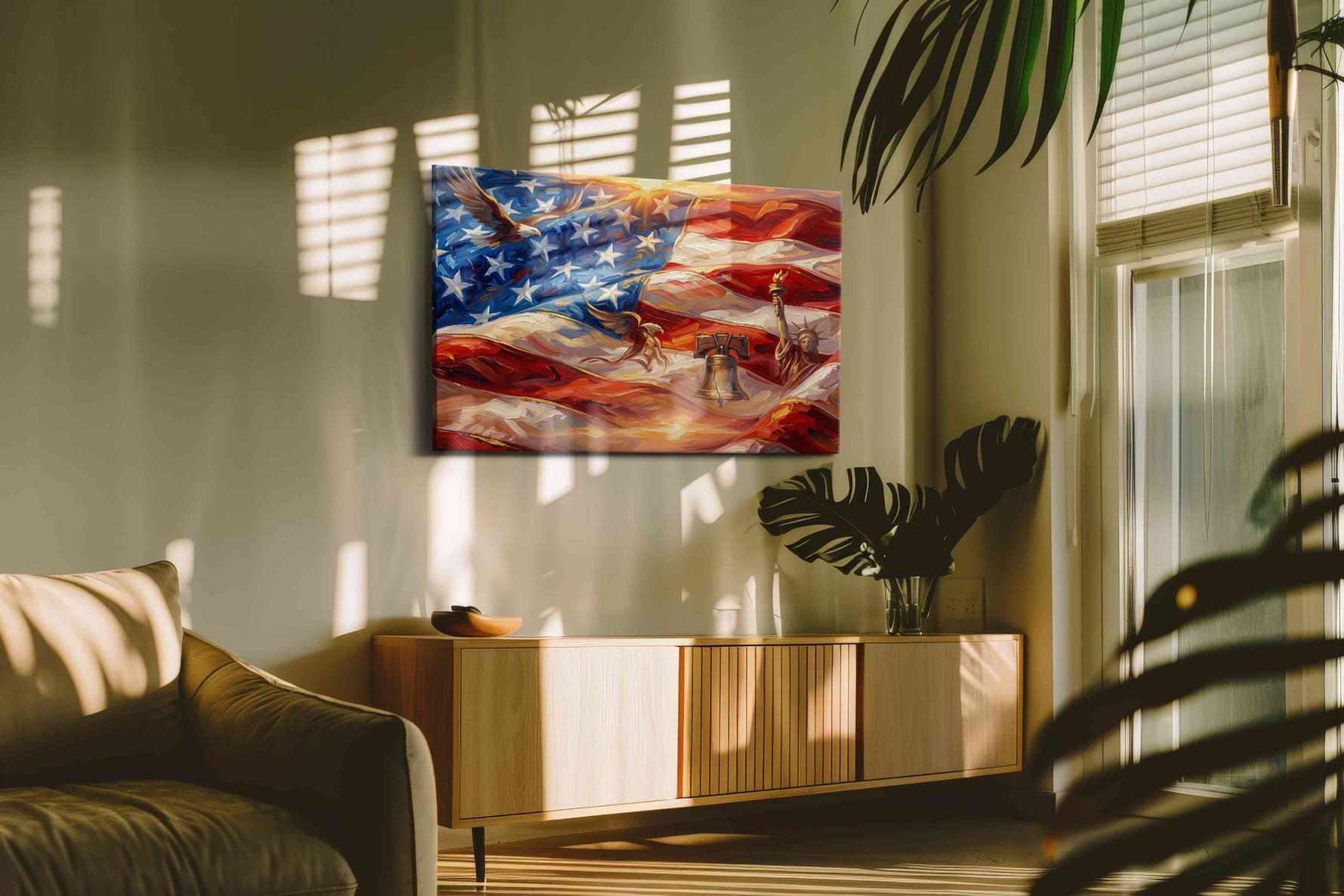 Waves of Freedom patriotic canvas print, on wall, lifestyle preview