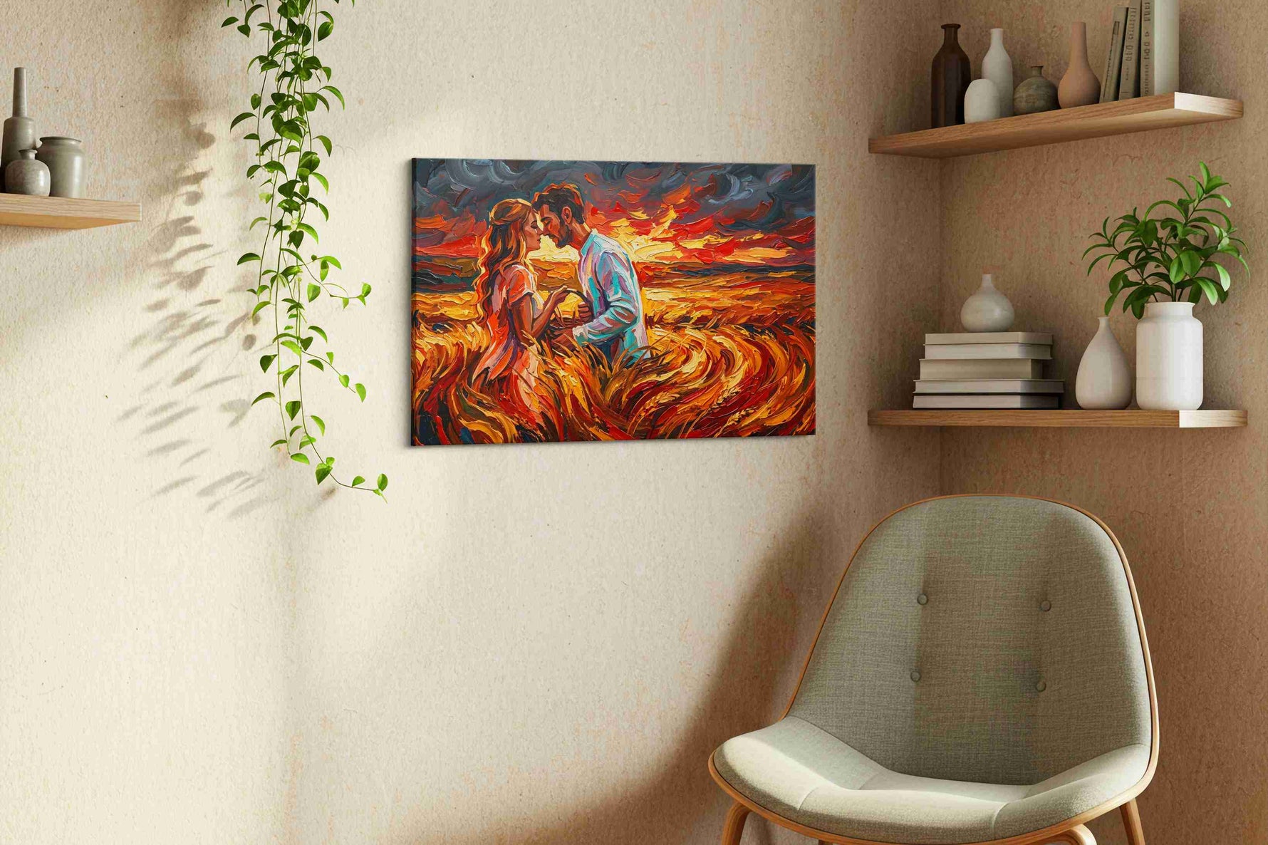 Embers of an Endless Sunset romance canvas print, hanging on wall