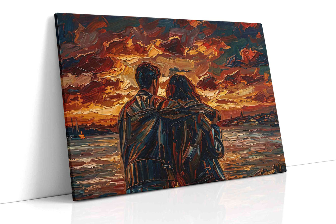 Embrace at Sunset – romance canvas wall art, gallery-wrapped, ready to hang