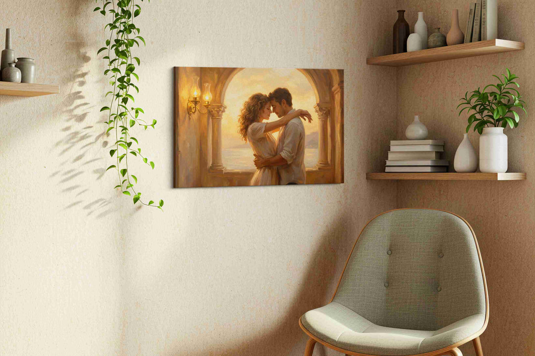 Embrace at Sunset Archway – romance canvas wall art, gallery-wrapped, ready to hang