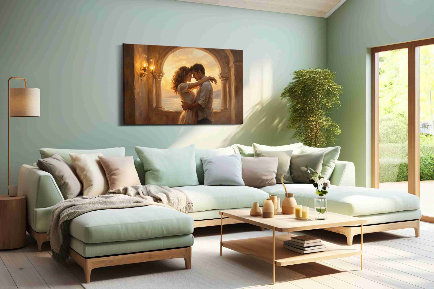 Embrace at Sunset Archway romance canvas print, hanging on wall