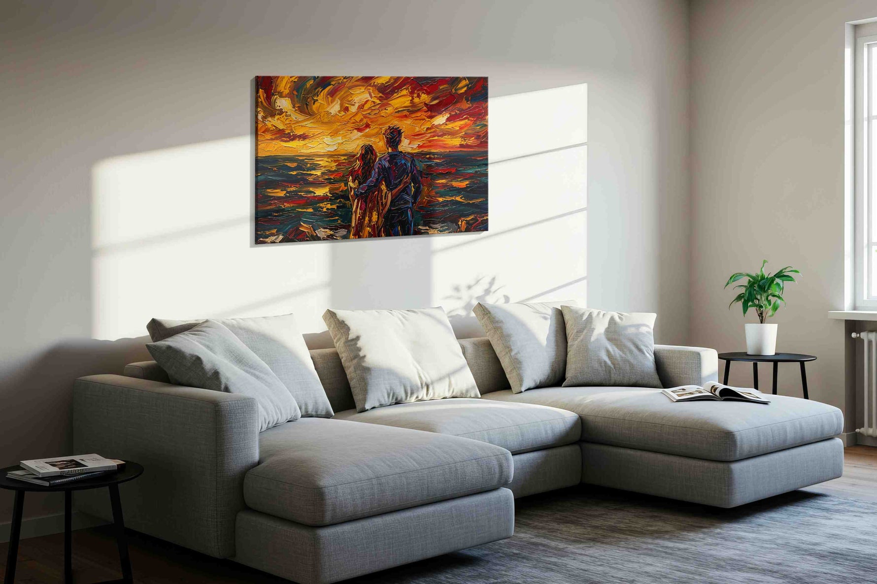 Embrace at Sunset II romance canvas print, displayed in a living room