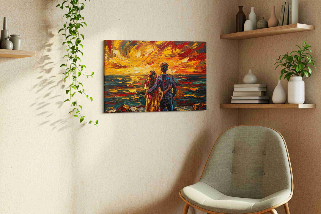 Embrace at Sunset II – romance canvas wall art, gallery-wrapped, ready to hang